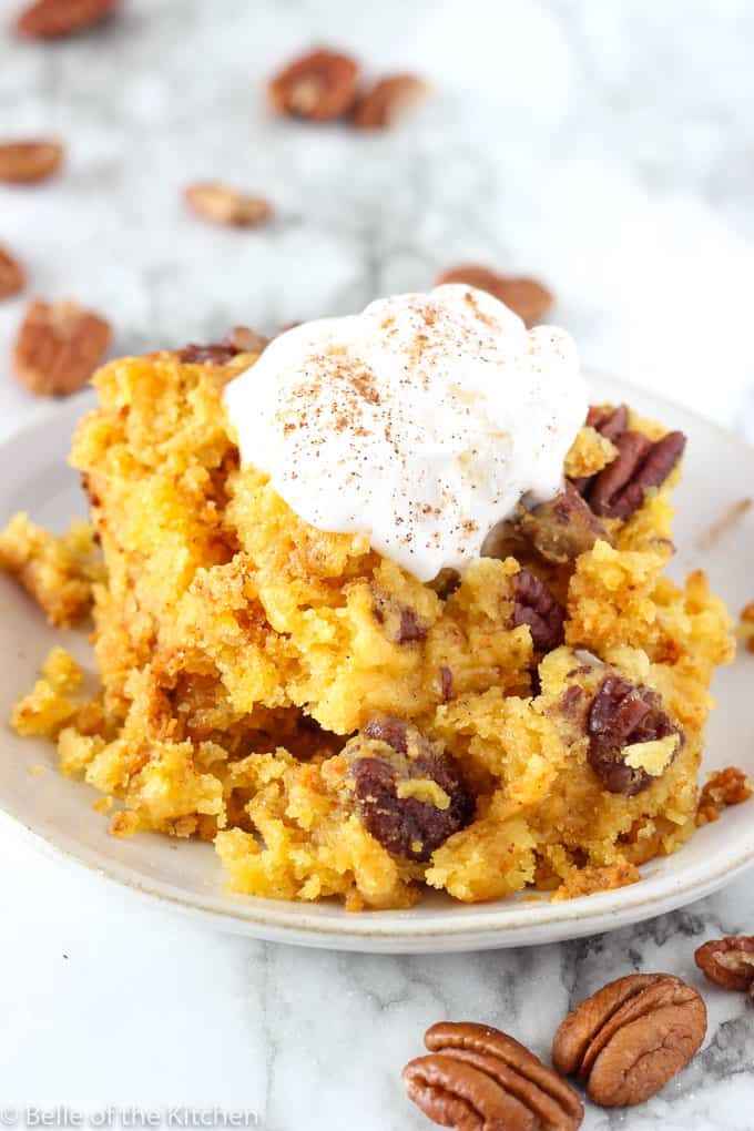 A close up of a plate of Pumpkin cake with pecans and whipped cream