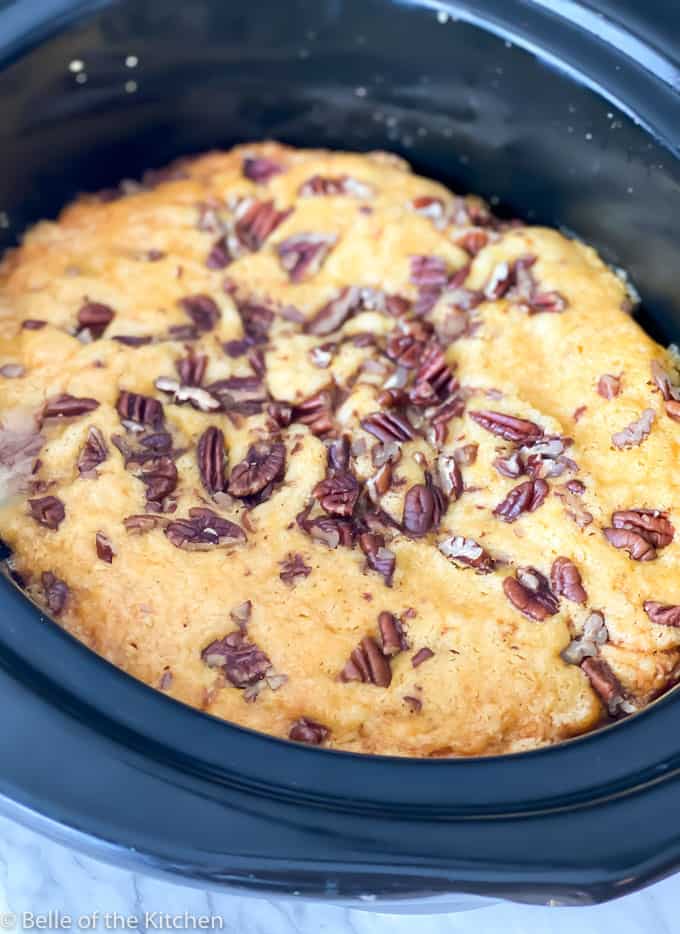 Pumpkin cake with pecans baked in a crockpot