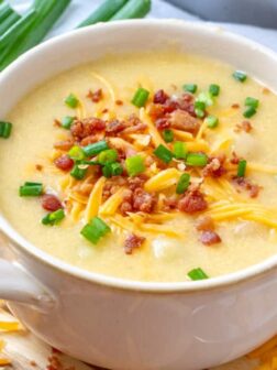 A bowl of potato soup with a spoon topped with bacon, cheese, and green onions