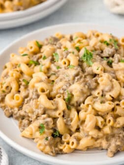 a white plate of cheeseburger macaroni pasta.