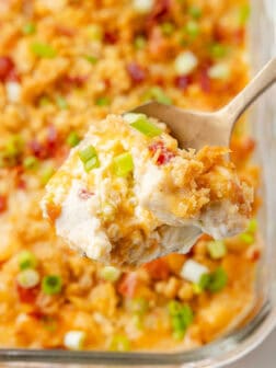 a large spoon holding chicken casserole topped with ritz crackers.